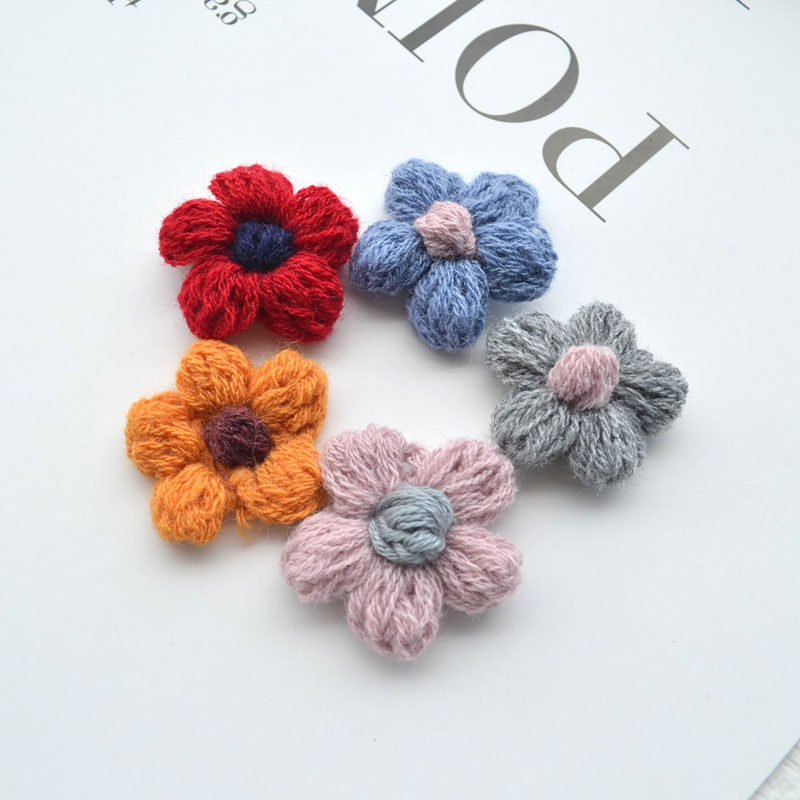 韩版钩织毛线五瓣花朵手工发饰头饰diy饰品配件儿童发夹发绳材料