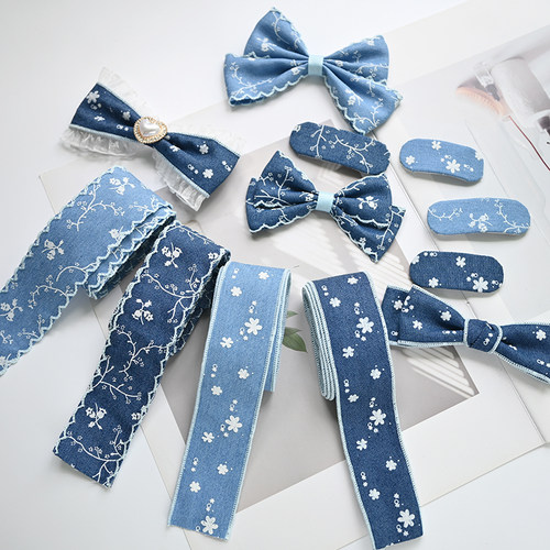 森系拷边钩边牛仔印花布艺发饰