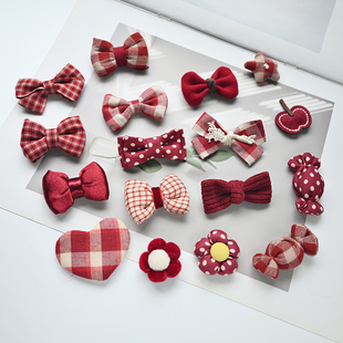 红色系格子布艺花蝴蝶结半成品配件 diy自制儿童女宝发夹发绳材料