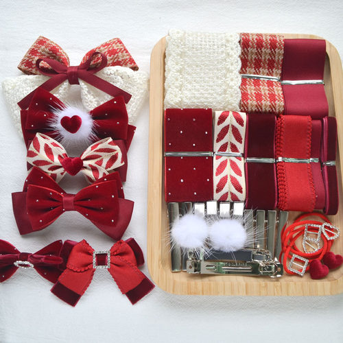 新年酒红丝带儿童发饰手工材料