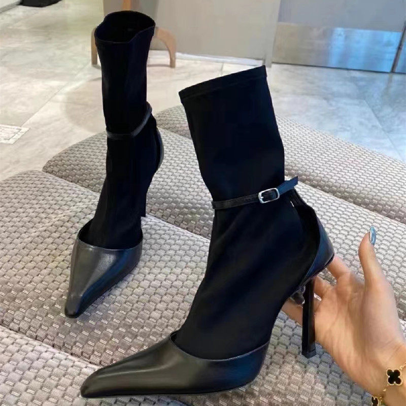 2023 NEW SUPER HIGH HEEL STRETCH BOOTIE PARIS SKINNY LEG BOOTS LEATHER BUCKLE STRAP SKINNY BOOTS STILETTO HEEL SLEEVE FALL WINTER BOOTS