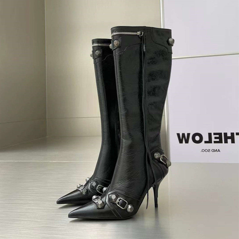 HAUTE COUTURE AUTUMN|WINTER POINTED-TOE HIGH HEELS STUDS HIGH BIKER BOOTS STILETTO HEELS LEATHER SIDE ZIPPERS SKINNY LEGS KNEE BOOTS