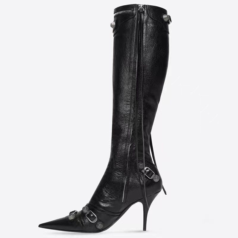 HAUTE COUTURE AUTUMN|WINTER POINTED-TOE HIGH HEELS STUDS HIGH BIKER BOOTS STILETTO HEELS LEATHER SIDE ZIPPERS SKINNY LEGS KNEE BOOTS