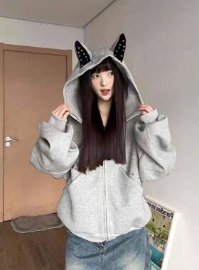 HDX衫美式铆秋杜宾犬钉耳朵连帽运动衫女季宽松甜酷风设计感短款