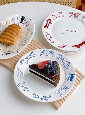 韩式ins风可爱网红小猫小狗陶瓷甜品盘蛋糕西餐平盘意面水果圆盘
