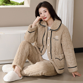 小香风睡衣女冬季 三层夹棉袄加厚保暖珊瑚绒冬天法兰绒棉衣家居服