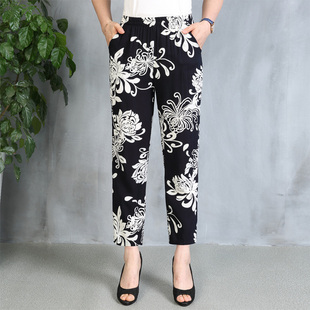 休闲小脚裤 棉绸中年九分裤 高腰显瘦印花女式 大码 薄 女2025夏铅笔裤
