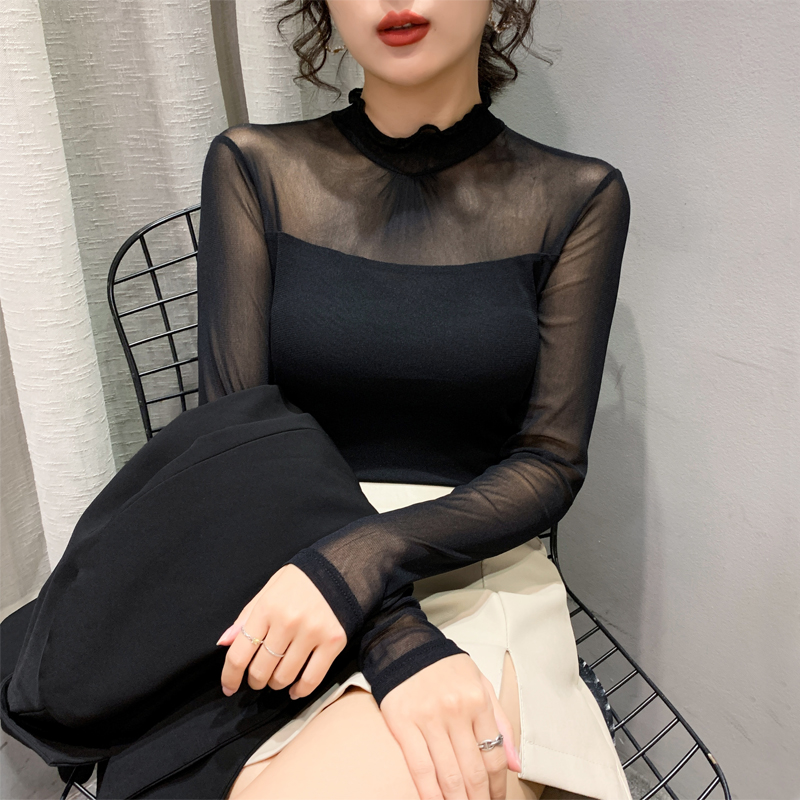 春秋新款半高领木耳边修身纯色网纱打底衫女长袖性感内搭上衣t恤