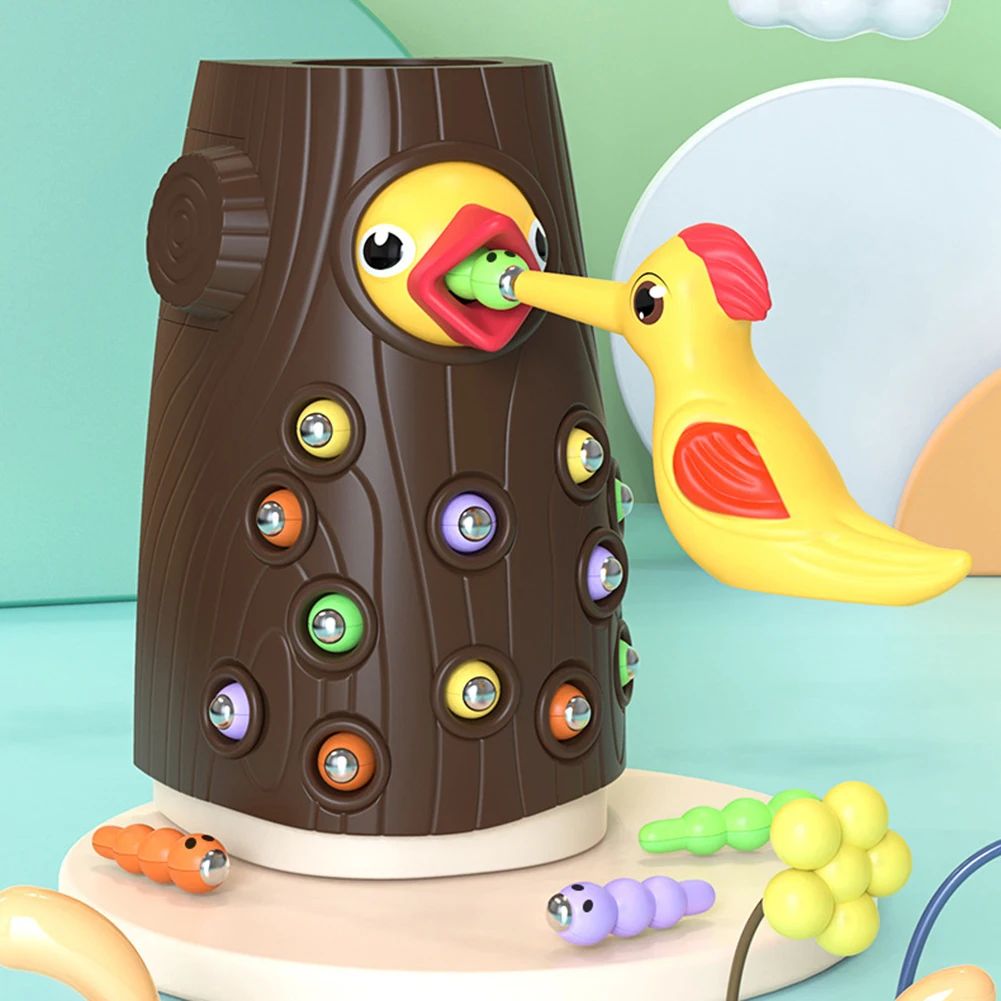 Montessori Baby Wooden Toys Magnetic Woodpecker Catching Wor