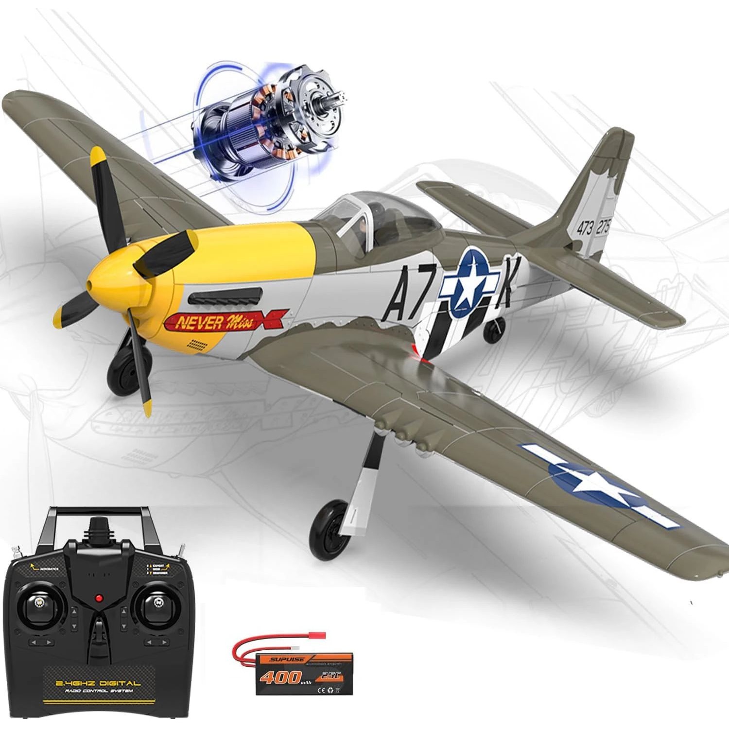 New Volantex 500mm P51 Mustang RC Plane 2.4G 4CH RC Fighter