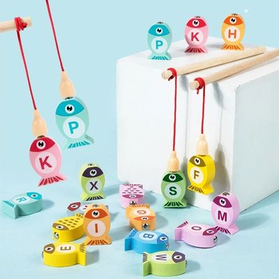 Kids Wooden Fishing Game Toys Gifts Early Education Alphabet