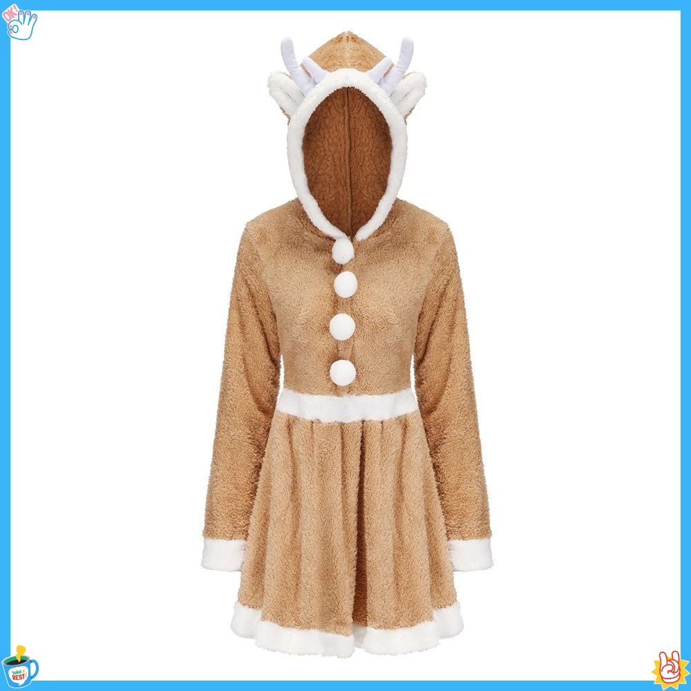 Christmas Costume Cosplay Cute Reindeer Animal Dress Khaki E