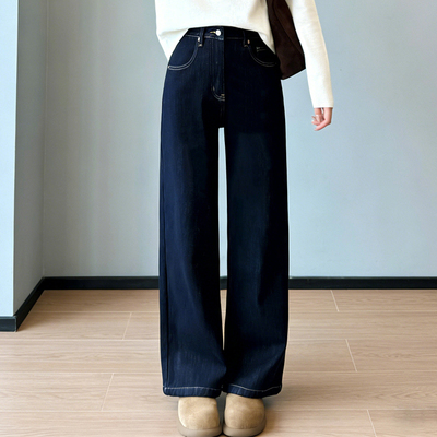 重磅鹅绒裤~巨好穿高腰弹力三明治猞猁绒窄版直筒丹宁牛仔裤女新