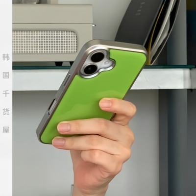 byemypie韩国代购ins风纯色青草绿银边滴胶手机壳全包保护套百搭