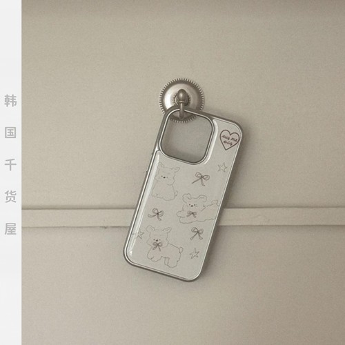 mademoment韩国代购手绘可爱蝴蝶结狗狗银边滴胶壳全包手机壳卡通