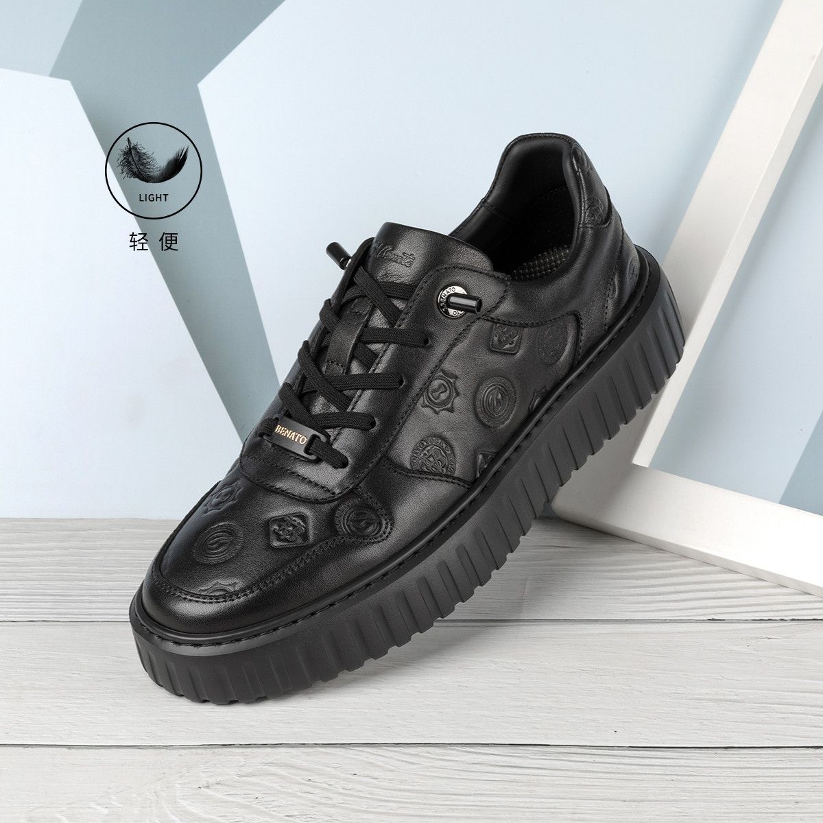 宾度正品男士休闲板鞋25年牛皮革帅气厚底松紧带低帮平跟轻便软底