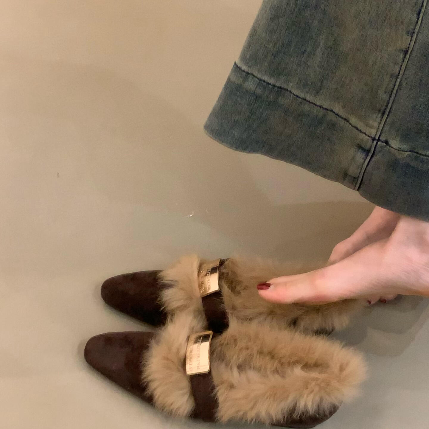 内增高加绒保暖复古浅口毛毛鞋