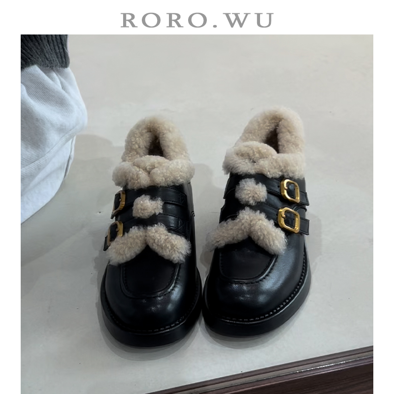英伦风加绒乐福鞋女皮带扣