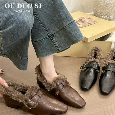 方头皮带扣毛毛乐福鞋女