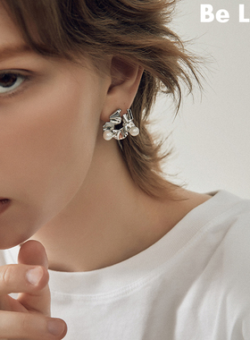 Be late 小众法式不规则造型镶嵌珍珠耳环时髦精致潮酷耳饰