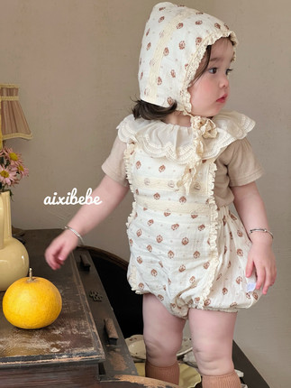 爱喜Aixibebe 2024夏季新品三角包屁背带短裤短袖套装女宝宝