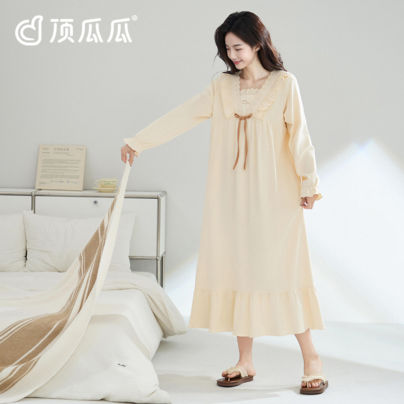 纯棉睡裙女长款2025新款夏季大码长袖全棉蝴蝶结睡衣可外穿家居服