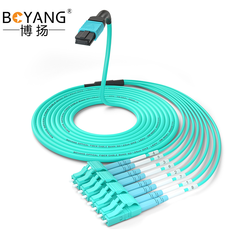 博扬 8芯MPO-LC光纤跳线母头O极性兼容MTP 25米 OM3万兆多模跳纤