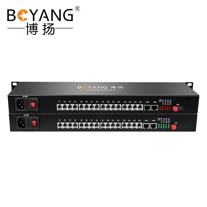 博扬  电话光端机16路电话语音 2路百兆网络 对讲音频加 by-16p2e