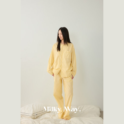 绪迹Milkyway小鸡黄色条纹纯棉高级感长袖长裤睡衣家居服时尚外穿