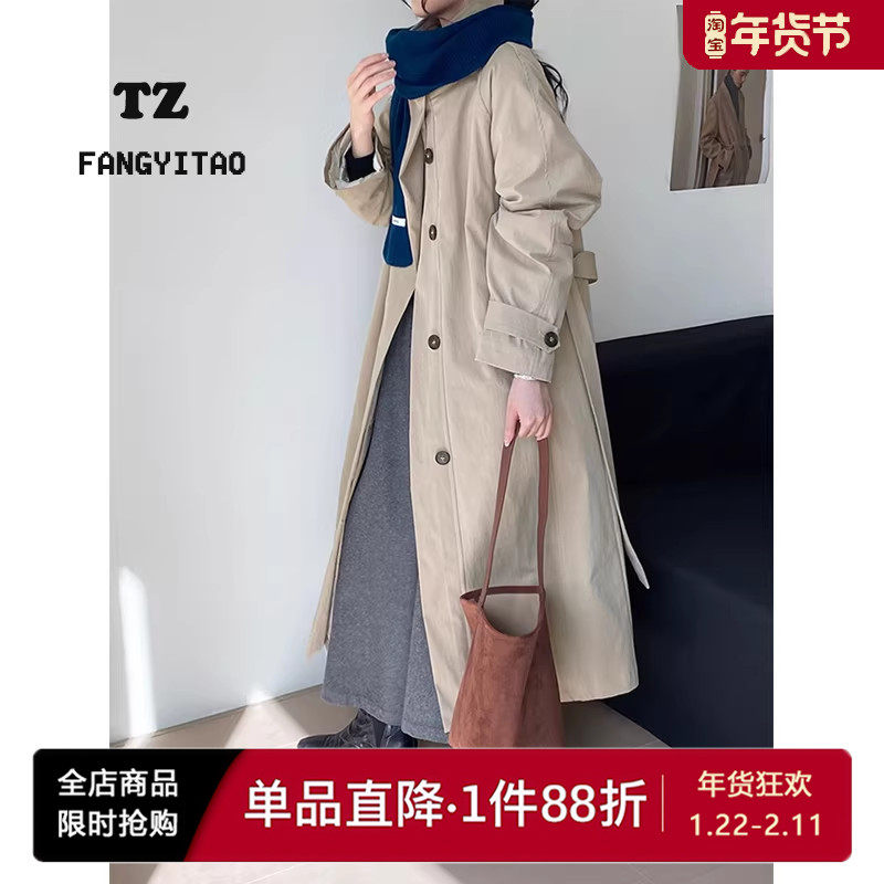 欧货中长款系带立领风衣羽绒服女2025冬季新款白鸭绒加厚收腰外套