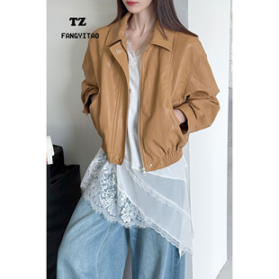 甜酷帅气显白好质感翻领好搭配美飒小个子机车pu皮夹克皮衣外套