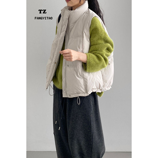 高品质！灰白色无袖白鸭绒羽绒马甲外套女2025年冬季外套马夹上衣