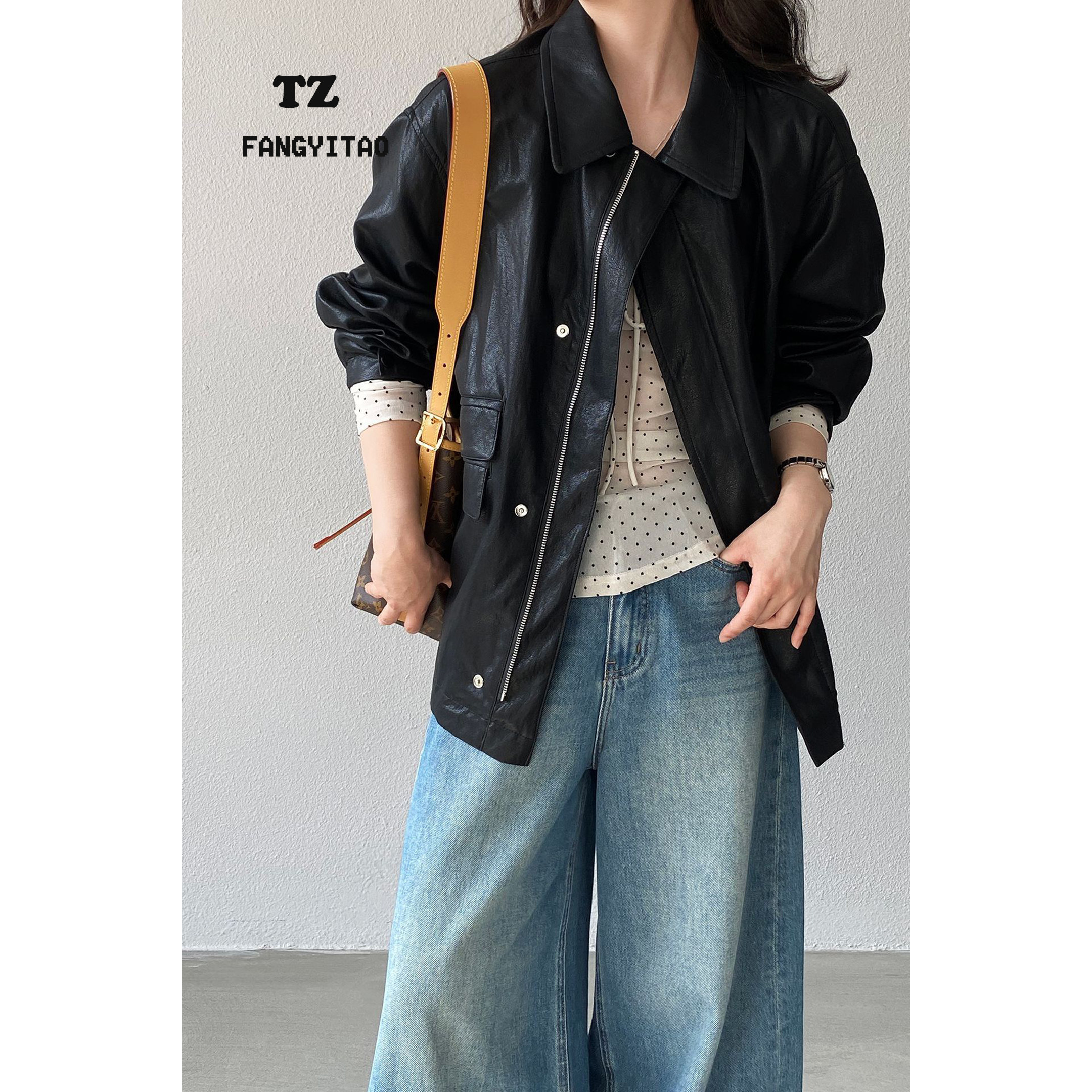 高级感日系复古黑色短款翻领微光PU皮衣外套宽松小个子中长款夹克