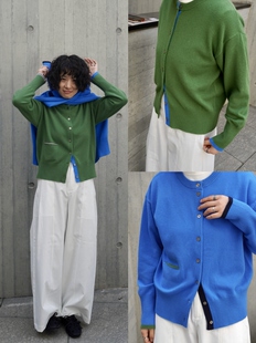 圆拼色领外搭针织开衫 女新款 100%羊毛开衫 缤纷心情