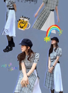 昭和女郎韩小众设计fle*ta拼接款短袖上衣 半身裙套装