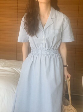 夏日恋曲东大门夏季新款西装领文艺气质收腰短袖通勤连衣裙长裙
