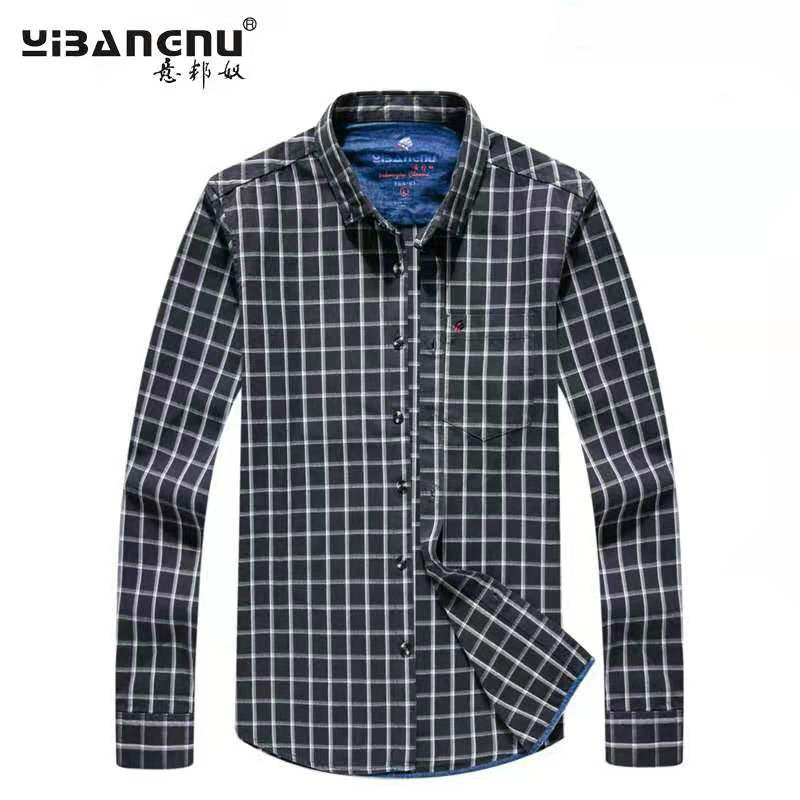 意邦奴衬衫2025春秋冬男士休闲纯棉洗水格子长袖衬衣宽松大码厚料