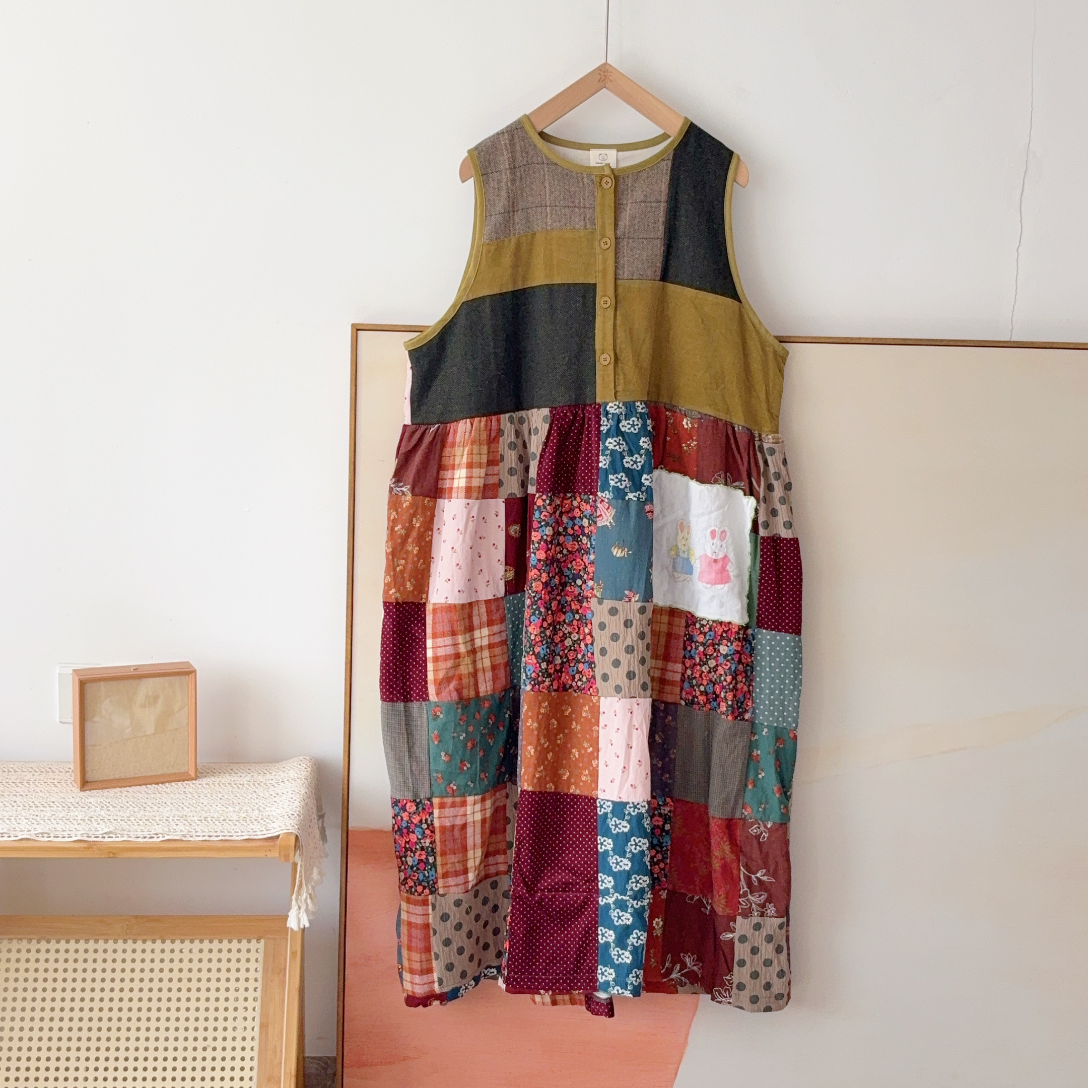 连衣裙 熊姑娘森日系圆领无袖宽松百家布拼接小众背心裙06592080