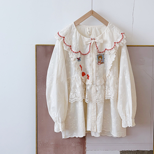 衬衫 上衣女8100 初见沫森日系甜美娃娃领刺绣拼花边宽松棉布长袖