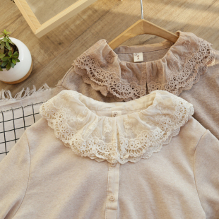 女3960 T恤打底衫 新款 森女系双层花边领半扣套头柔软全棉弹力长袖