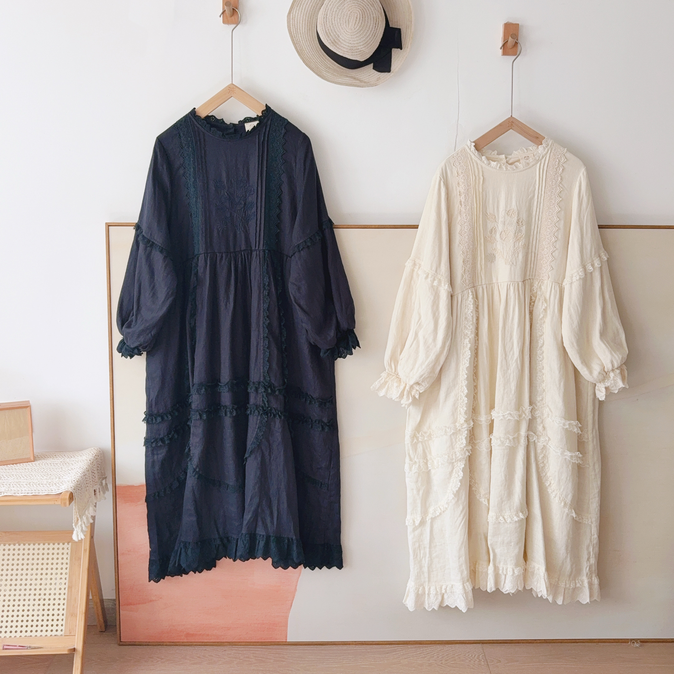 连衣裙 熊姑娘日系刺绣拼蕾丝宽松柔软亚麻加绒小众裙子0678781