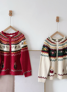 熊姑娘2025森日系复古古着毛衣钩花朵提花慵懒针织开衫外套88773