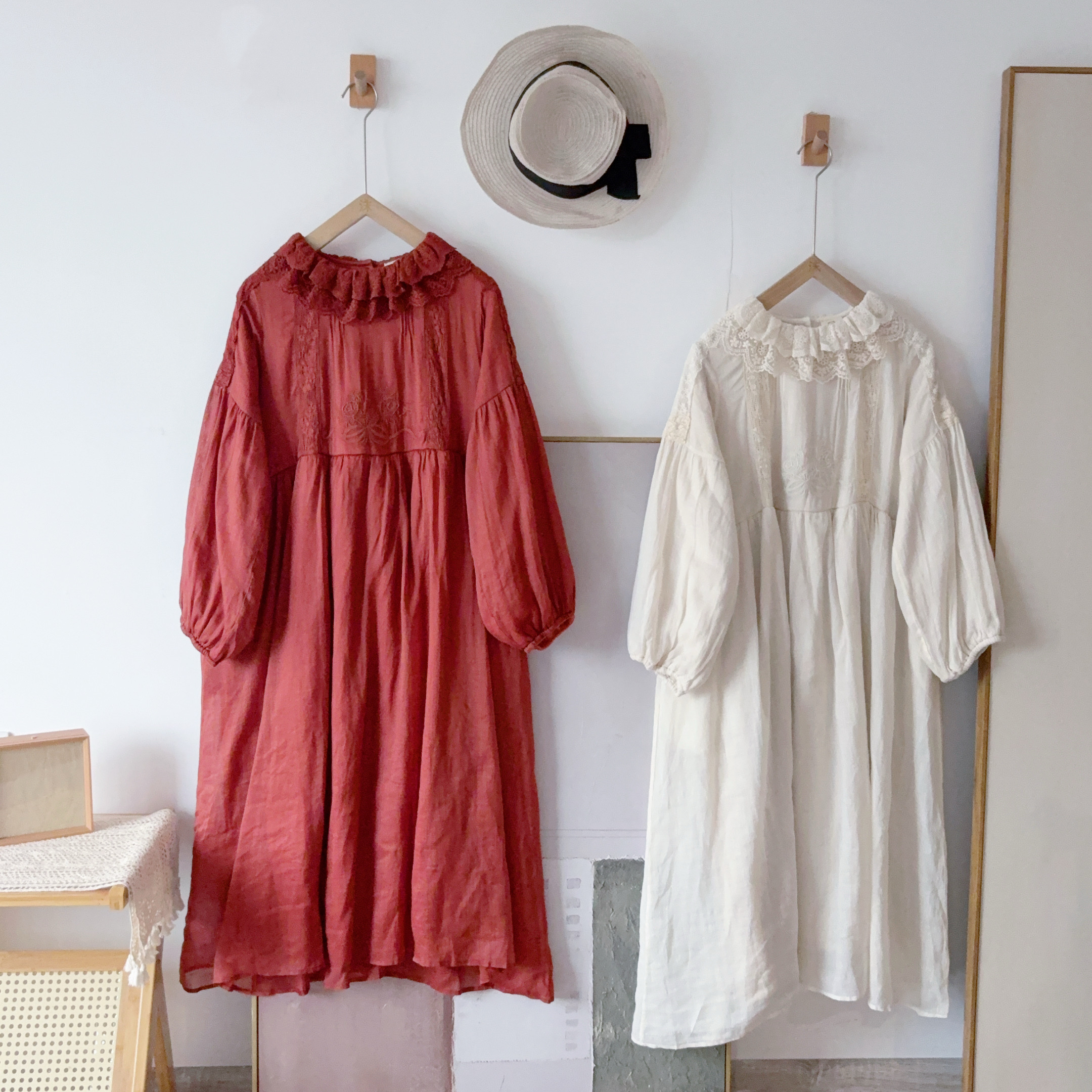 连衣裙 熊姑娘日系双层蕾丝领绣花宽松加绒苎麻小众裙子06591092