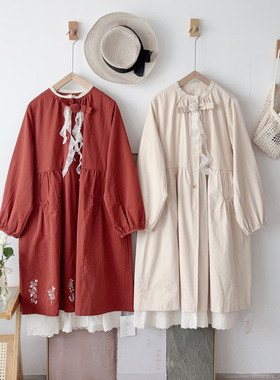 风衣 初见沫森日系绣花立体花朵中长款纯色棉布百搭外套JYX39810