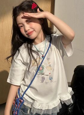 韩系童装2026年夏季新款女童短袖体恤衫可爱纸杯T修身款夏新