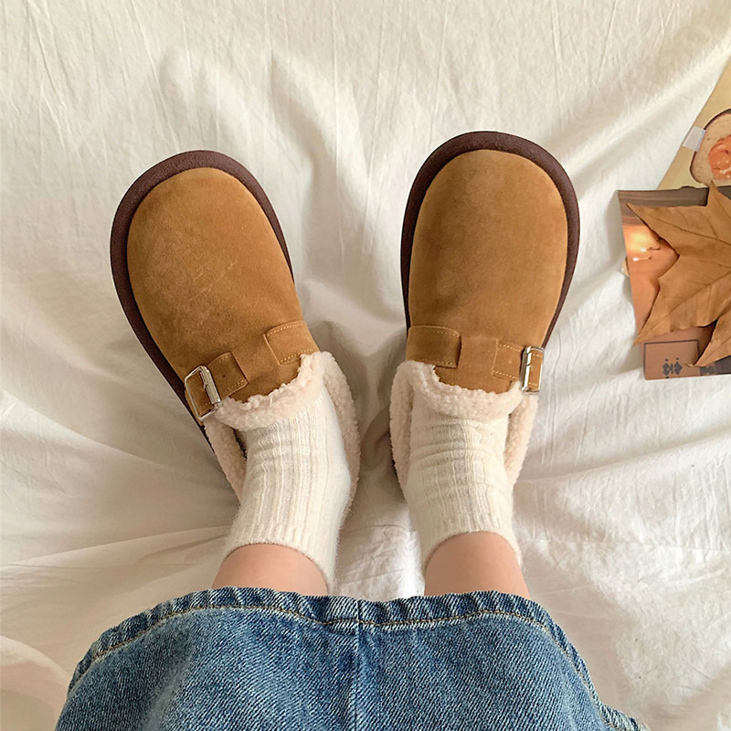 秋冬季款豆豆鞋女加绒乐福鞋外穿软底复古软底勃肯大头一脚蹬棉鞋