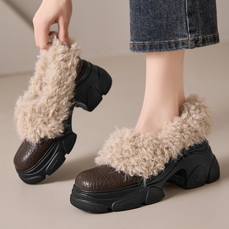 加绒小皮鞋复古百搭一脚蹬懒人保暖棉鞋女2025新款冬季厚底乐福鞋