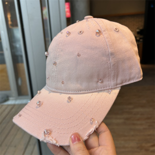 韩版 软顶棒球帽子女百搭水晶鸭舌帽复古做旧破洞出游遮阳防晒帽潮