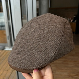 新款秋冬保暖人字纹显瘦前进帽子女复古羊毛呢休闲百搭贝雷帽