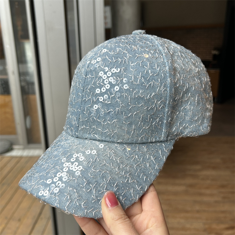新款亮片牛仔蓝鸭舌帽子四季气质百搭显脸小遮阳帽街头潮牌棒球帽